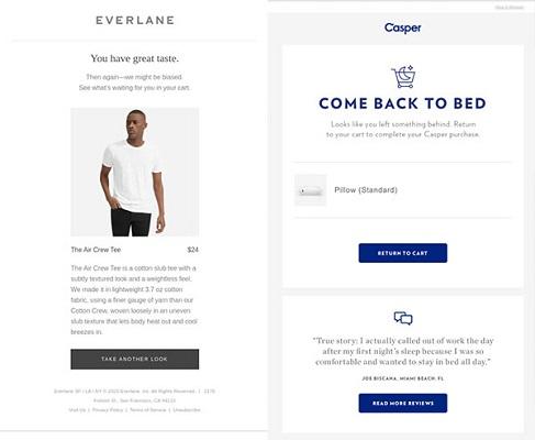 E-Mails von Everlane und Casper zu unvollständigen Einkäufen.
