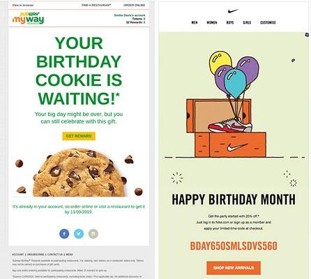 Geburtstags-E-Mails von Subway und Nike.