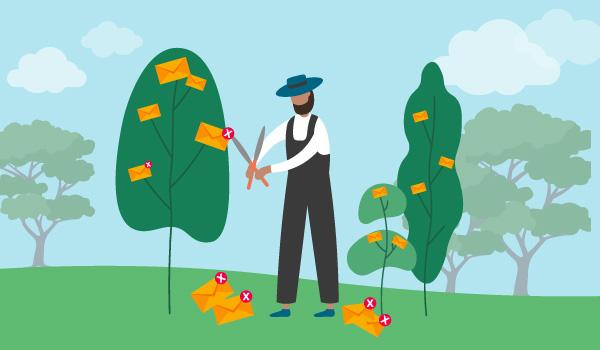 Illustration eines Gärtners, der E-Mails von einem Busch stutzt, zur Veranschaulichung, wie man E-Mail-Listen verwalten kann.
