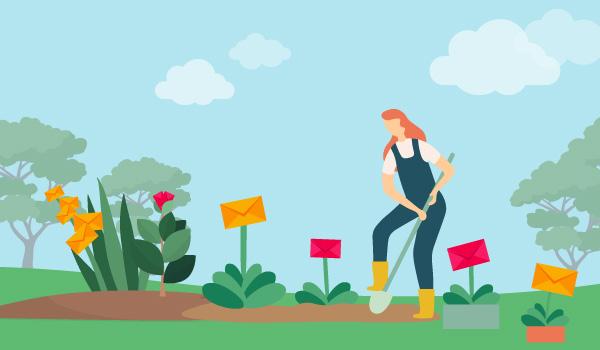 Illustration einer grabenden Frau im Garten, die E-Mail-Kontakte züchtet.
