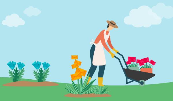 Illustration eines Mannes im Garten, der die Pflanzen, also die E-Mail-Kontakte, in Segmente unterteilt.