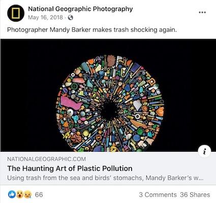 Ein Facebook-Post von National Geographic Photography mit Kunstwerken zum Thema Umweltverschmutzung durch Kunststoffe.