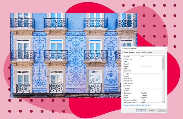 Image of blue Porto Houses with photo metadata accessed using Windows over a red background.