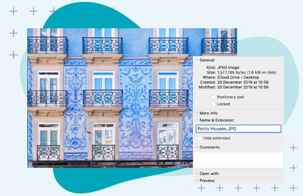 Image of Porto Houses with photo metadata displayed using a Mac over a blue background.