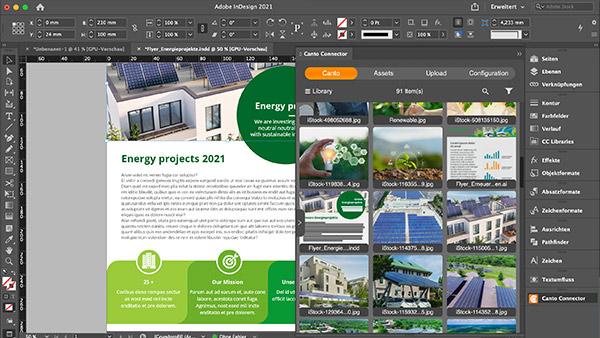 Screenshot of flyer design showing Canto image library integration in InDesign.