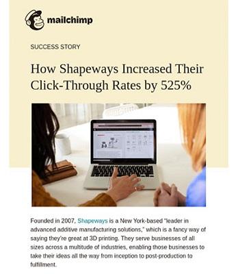 Screenshot einer E-Mail von Mailchimp, die den Erfahrungsbericht eines Kunden in den Vordergrund stellt.