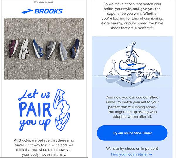 Screenshot einer E-Mail von Brooks, in der das Unternehmen für seine Online-Schuhsuche wirbt.