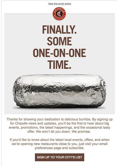 Willkommens-E-Mail von Chipotle mit Abbildung eines in Folie verpackten Burritos.