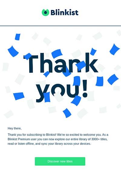 Willkommens-E-Mail von Blinkist mit einem 'Danke!' und jeder Menge Konfetti.