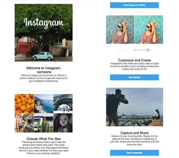 Screenshot einer Willkommens-E-Mail von Instagram mit quadratischen Fotos.