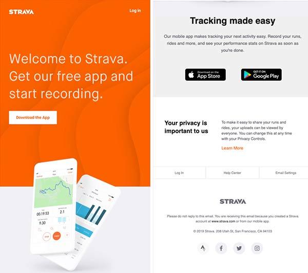 Screenshot der Willkommens-E-Mail, die Abonnenten einlädt, die Strava-App herunterzuladen.