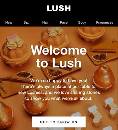 Screenshot einer Willkommens-E-Mail von Lush mit Abbildungen von orangefarbenen Produkten von Lush.