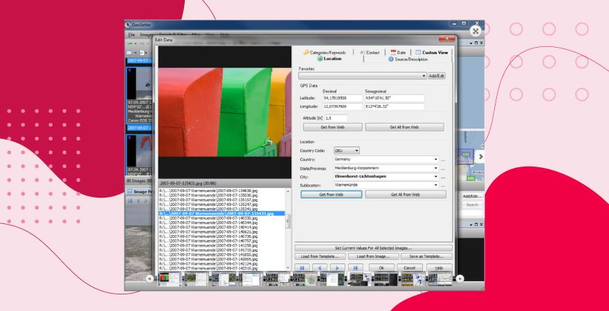 Screenshot of GeoSetter metadata viewer tool over a red background.