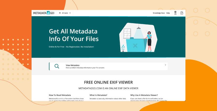 Screenshot of Metadata2go photo metadata viewer tool over an orange background.