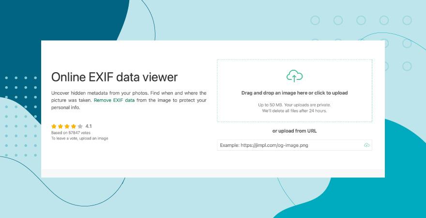 Screenshot of Jimpl online exif data viewer over a blue background.