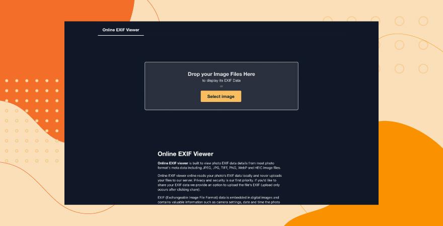 Screenshot of Online EXIF Viewer tool over an orange background.