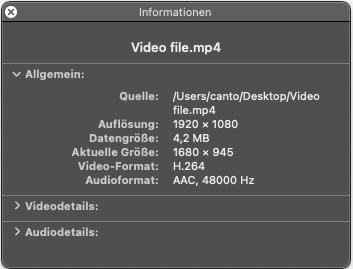 Die Detailangaben für Video-Metadaten unter Mac.
