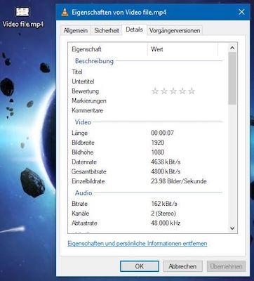 Detailangaben wie die Video-Metadaten finden sich im Reiter Eigenschaften.
