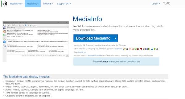 Die Webseite von Mediainfo, einem Programm zur Anzeige von Video-Metadaten.