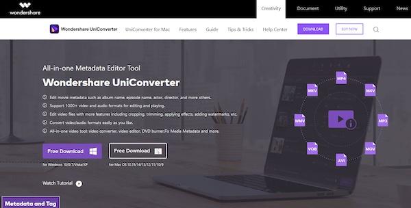 Die Webseite von Wondershare, eine weitere Software zum Betrachten von Video-Metadaten.