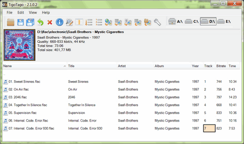 Die Benutzeroberfläche von TigoTago, einem MP3 Metadata Editor.