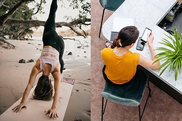 Eine Frau macht Yoga am Strand und eine Frau ruft im Büro E-Mails ab.