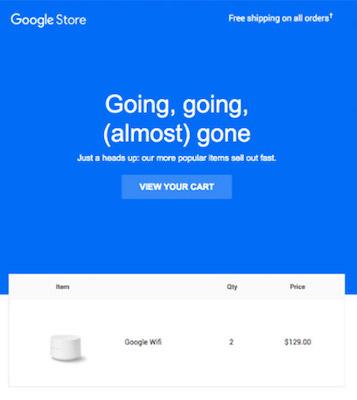 Screenshot einer E-Mail vom Google Store, die darauf hinweist, dass Google WiFi-Geräte 'beinahe komplett vergriffen' sind.