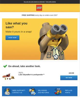 Screenshot einer Verlassener-Warenkorb-E-Mail von Lego, in der ein Lego-Männchen durch ein Fernglas schaut.
