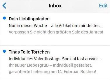 Lange Betreffzeilen auf einem iPhone-Bildschirm, die am Ende abgeschnitten werden.