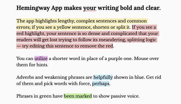 Screenshot mit Beispielkommentaren der Hemingway-App.