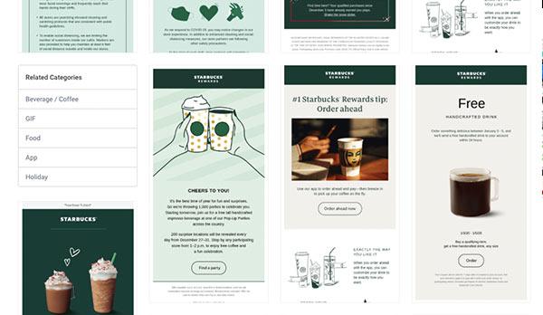 Screenshot einer Zusammenstellung von Starbucks-E-Mails in Really Good Emails, einem Beispiel für gute E-Mail-Marketing-Ressourcen.