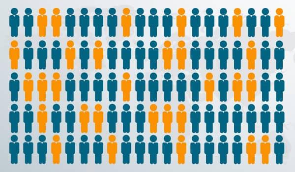 Illustration von Abonnenten eines E-Mail-Verteilers, unterteilt in eine blaue und orangefarbene Gruppe.