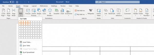 Der Bereich 'Tabelle' in Microsoft Word.