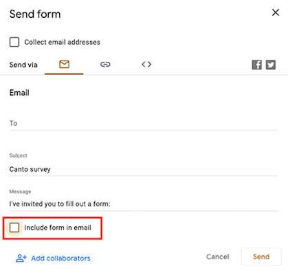 In einem Screenshot wird das Kontrollkästchen hervorgehoben, mit dem Sie Google-Formulare in E-Mails einbetten können.