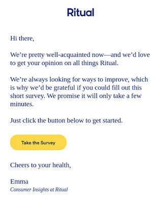 Screenshot of an email from Ritual with a bright yellow Take Survey CTA.