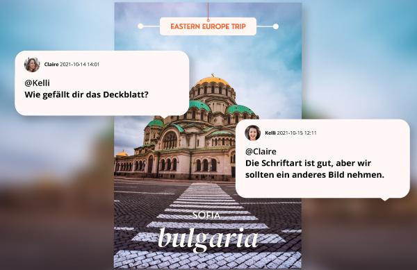 Mitarbeiter bei der Hybrid- und Remote-Arbeit besprechen das Bild einer Kathedrale über Kommentare innerhalb der DAM-Plattform.