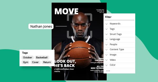 Das Cover eines Basketballmagazins im Digital Asset Management-System mit Schlagwörtern, Gesichtserkennung und Suchfiltermöglichkeiten.