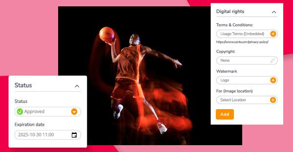 Stilisiertes Foto eines Basketballspielers mit Einstellungen für Digital Rights Management und Freigabe.