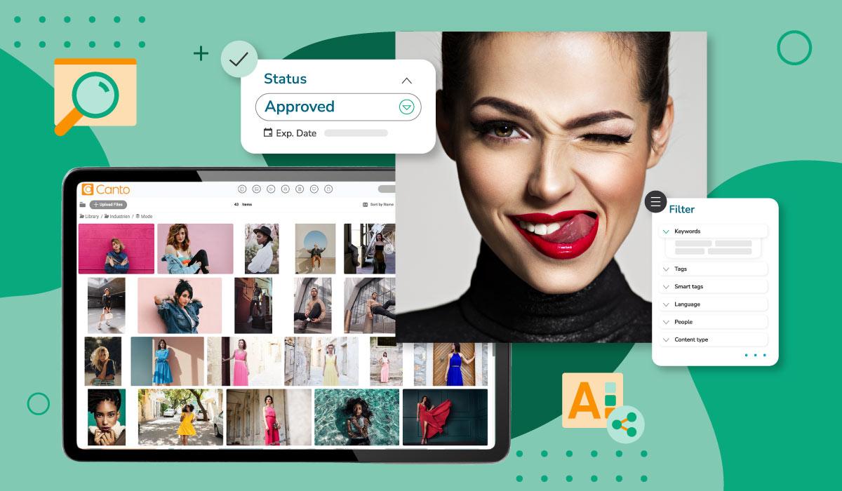 Digital collage with a green background featuring a tablet showing a photo library, a close-up portrait of a playful woman, and overlay icons including 'Status Approved' and 'Filter' options.