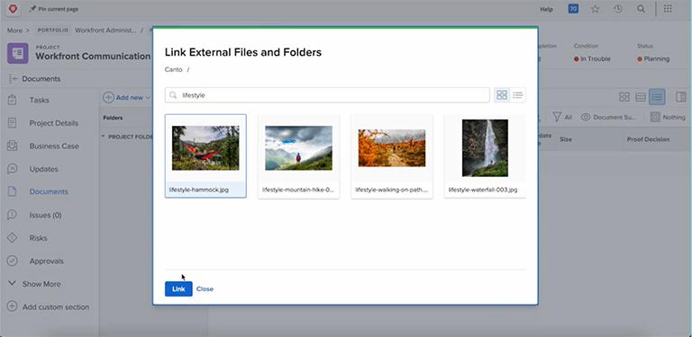 Die Canto Medienbibliothek wird mithilfe der Adobe Workfront Integration von Canto direkt in Workfront geöffnet.