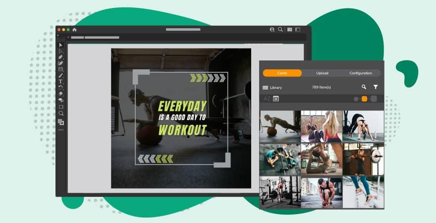 Bilder aus dem Bereich Fitness, die über die Integration mit Canto in der Benutzeroberfläche von Adobe angezeigt werden.
