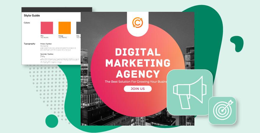 Marketing collateral featuring brand colors from a Canto style guide.