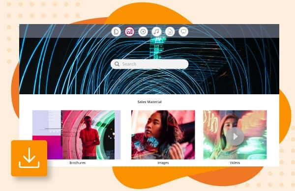 Die Landing Page für ein Canto Portal mit neonfarbenen Markenbildern.