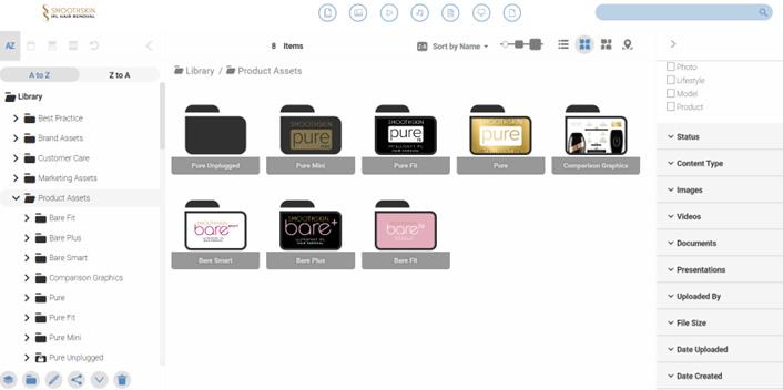 Folders containing product images in SmoothSkin's Canto library. 
