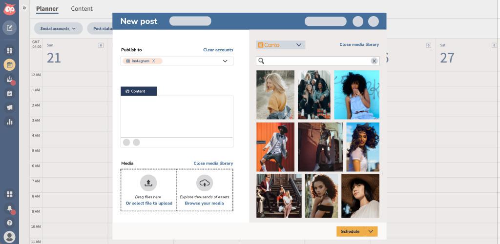 Die Benutzeroberfläche der Hootsuite Integration von Canto, die eine Auswahl an Bildern von Modemarken zeigt.