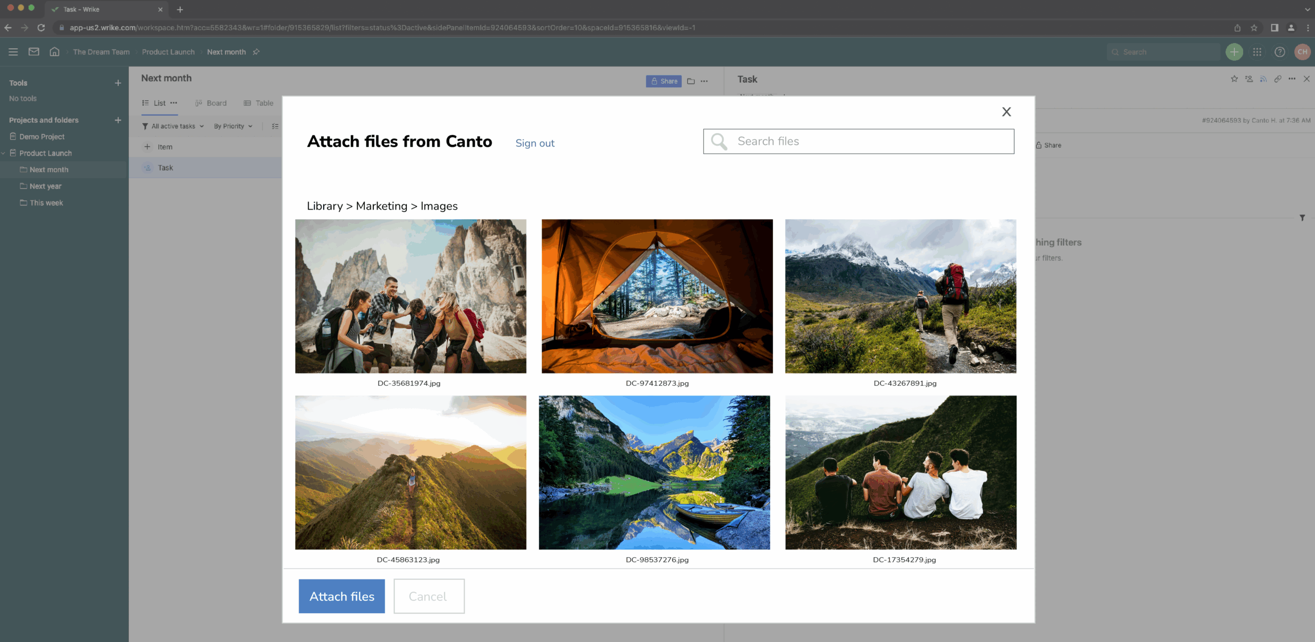 Assets in the dialog box for accessing Canto from Wrike.