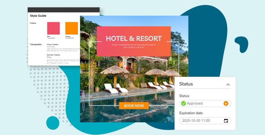 Ein digitales Asset in einem DAM-System, das Bilder einer Ferienanlage zeigt, daneben Popup-Fenster für den Styleguide der Marke und den Genehmigungsstatus des Assets.