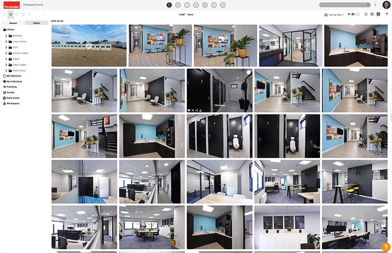 Screenshot of Portakabin Canto library with all file types shown. In the viewing pane, images of the inside of spaces built by Portakabin are displayed. A folder navigation structure is shown on the left-side pane. The Portakabin logo is shown in the top left corner.