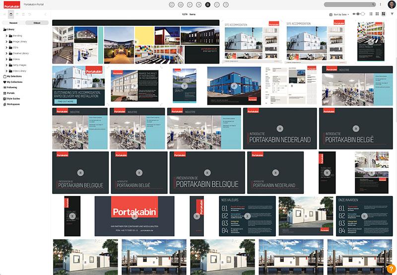 Screenshot of Portakabin Canto library with digital assets and logo assets displayed in the view pane. Currently toggled is the document filter. On the left-navigation pane, folder structure is shown. The Portakabin logo is displayed in top left corner.