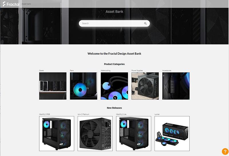 Screenshot of Fractal Design Asset Bank which has assets readily available for Fractal Design teams to use. The top shows a search bar to easily find assets desired, or teams can choose to browse by Product Categories such as Cases, Fans, Watercooling, Power Supplies, and Accessories. There are also digital assets curated by product New Releases to choose from.